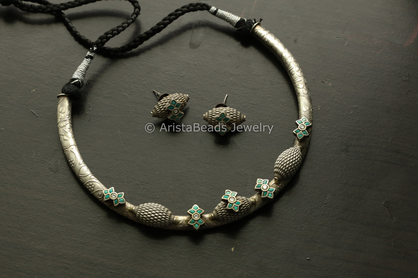 Jadau Silve Finish Hasli Set - Turquoise