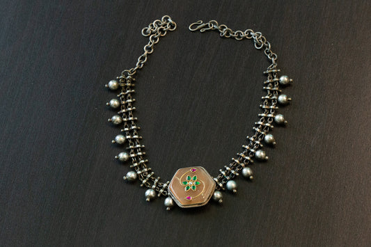 Kundan Inlay Silver Look Alike Fusion Necklace  (T102-37)