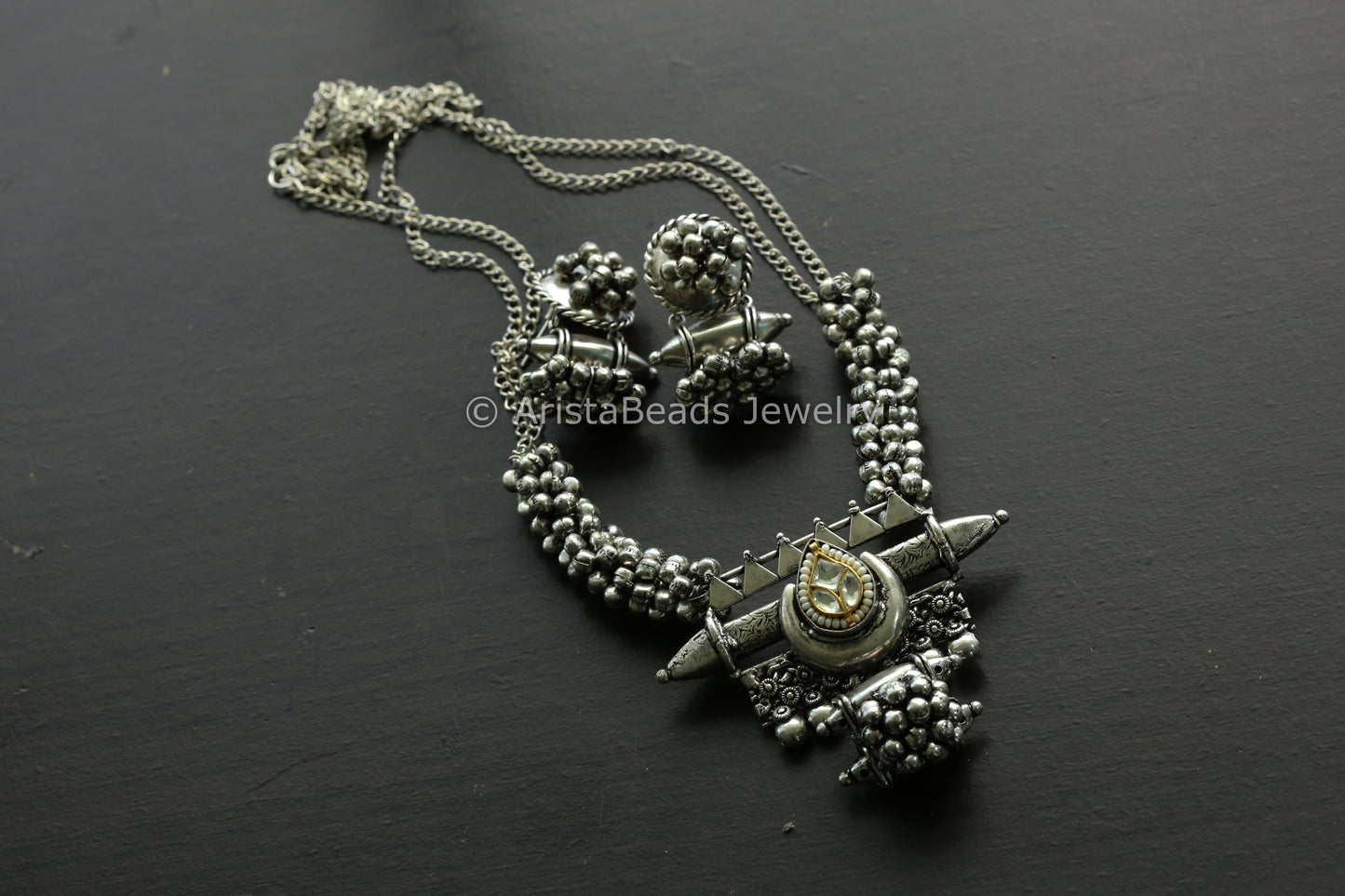 Oxidized Ghungroo Kundan Motif Set - Clear