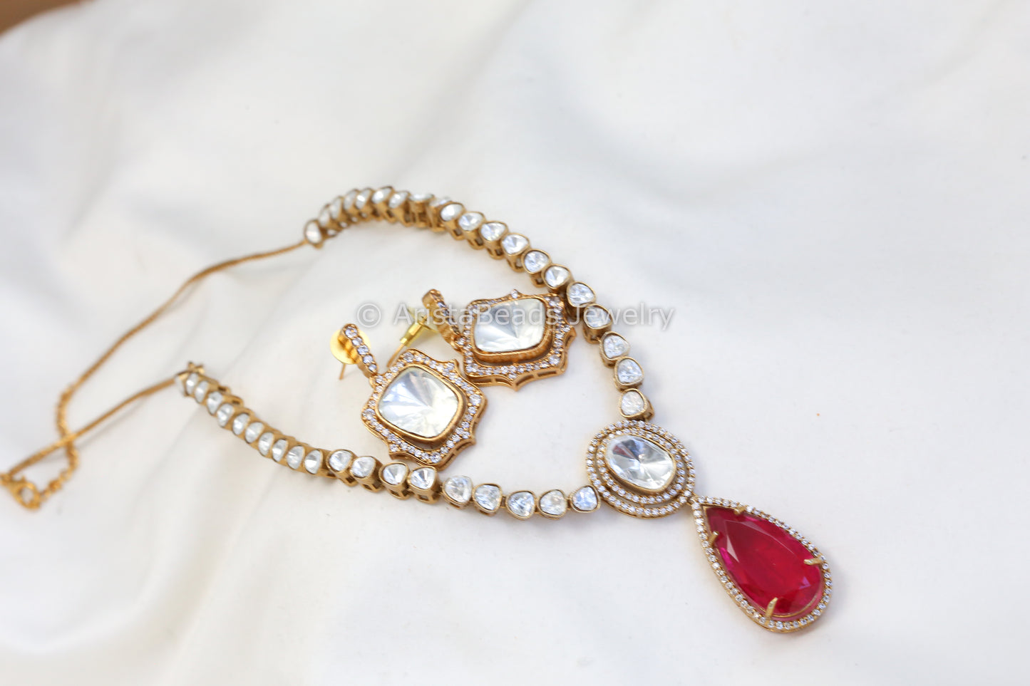 Uncut Kundan Polki Doublet Necklace Set - Red