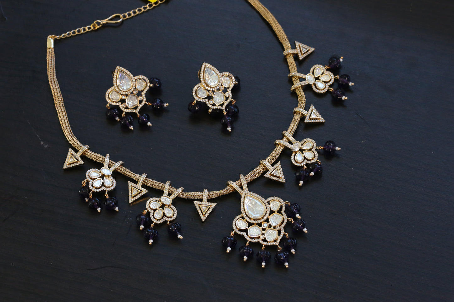 Contemporary Polki Uncut Kundan Set - Dark Burgandy