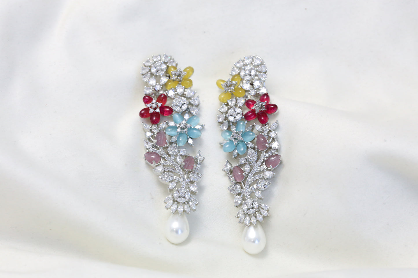 Kiran CZ & Carved Stones Pearl Earring- Yellow