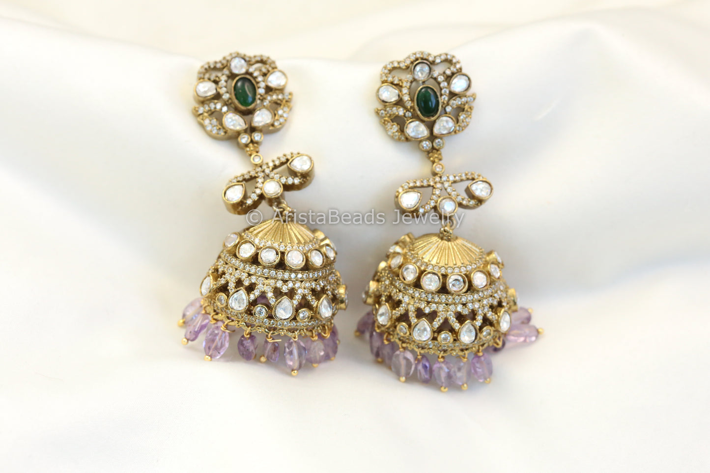Real Silver Look Victorian Polki Jhumka - Amethyst