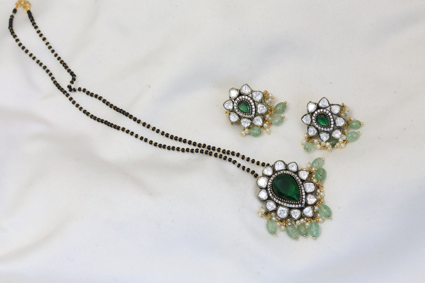 Victorian Moissanite Polki Black Beads Set - Green
