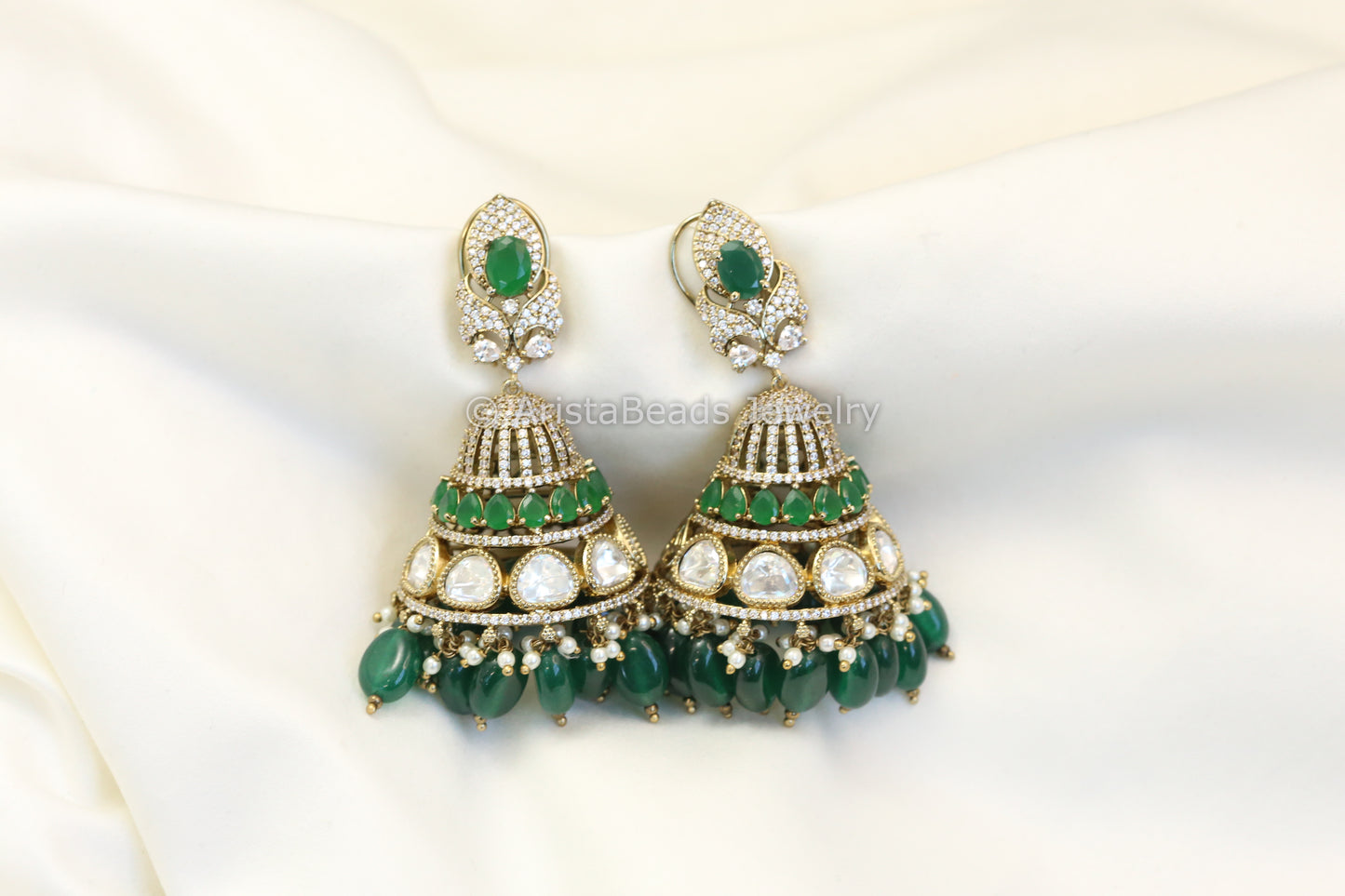 Large Victorian Emerald Kundan Polki Earrings