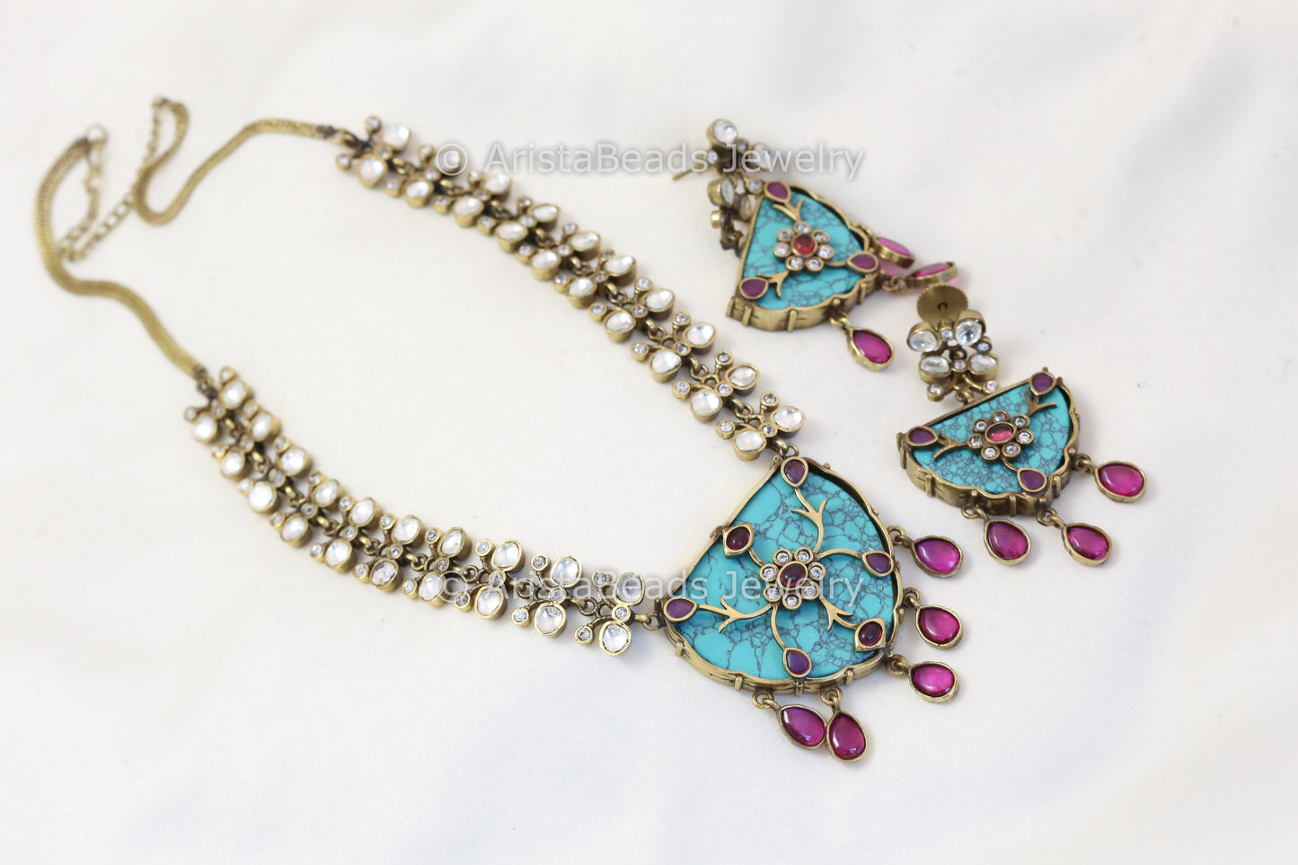 Victorian Finish Turquoise Polki Kundan Set