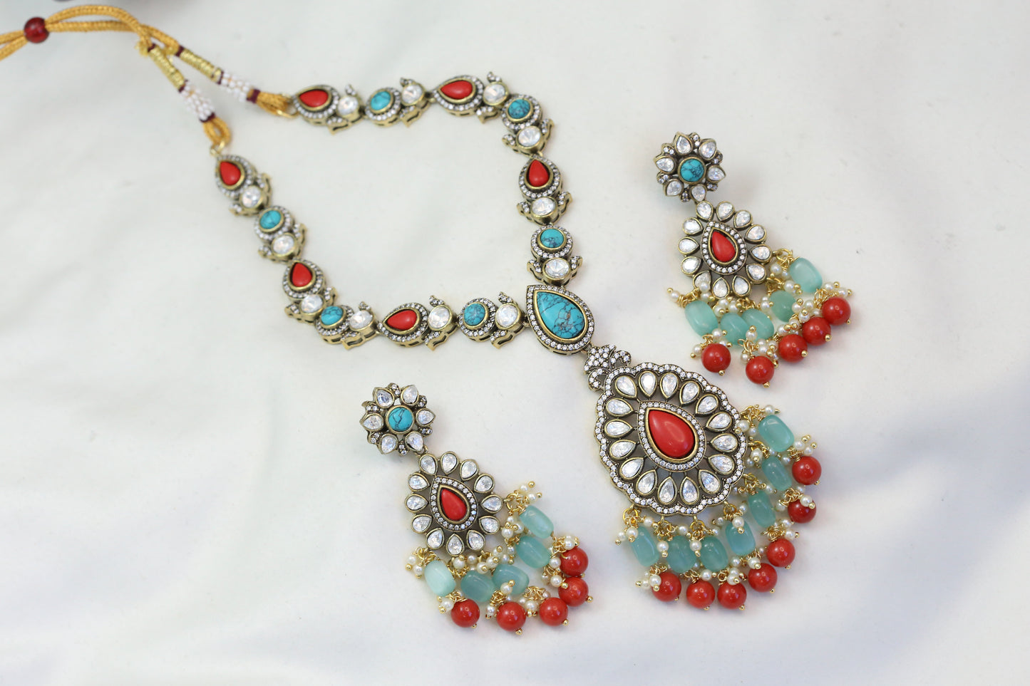 Turquoise Coral Stones & Kundan Polki Necklace Set