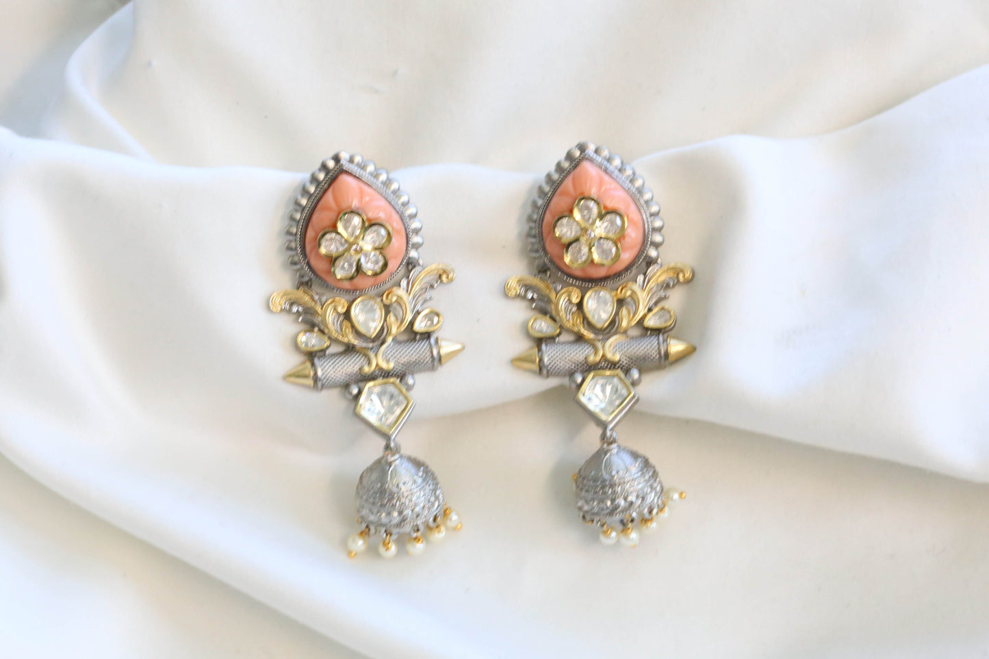 Rubab Dual Tone Carved Stone Jhumka -Coral (101-46)