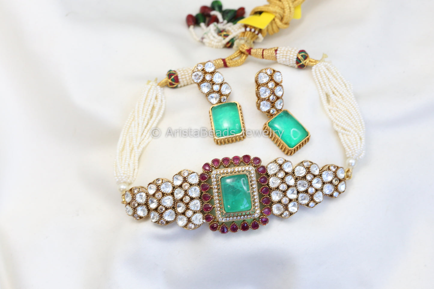 Uncut Kundan Polki Doublet Choker Set - Green