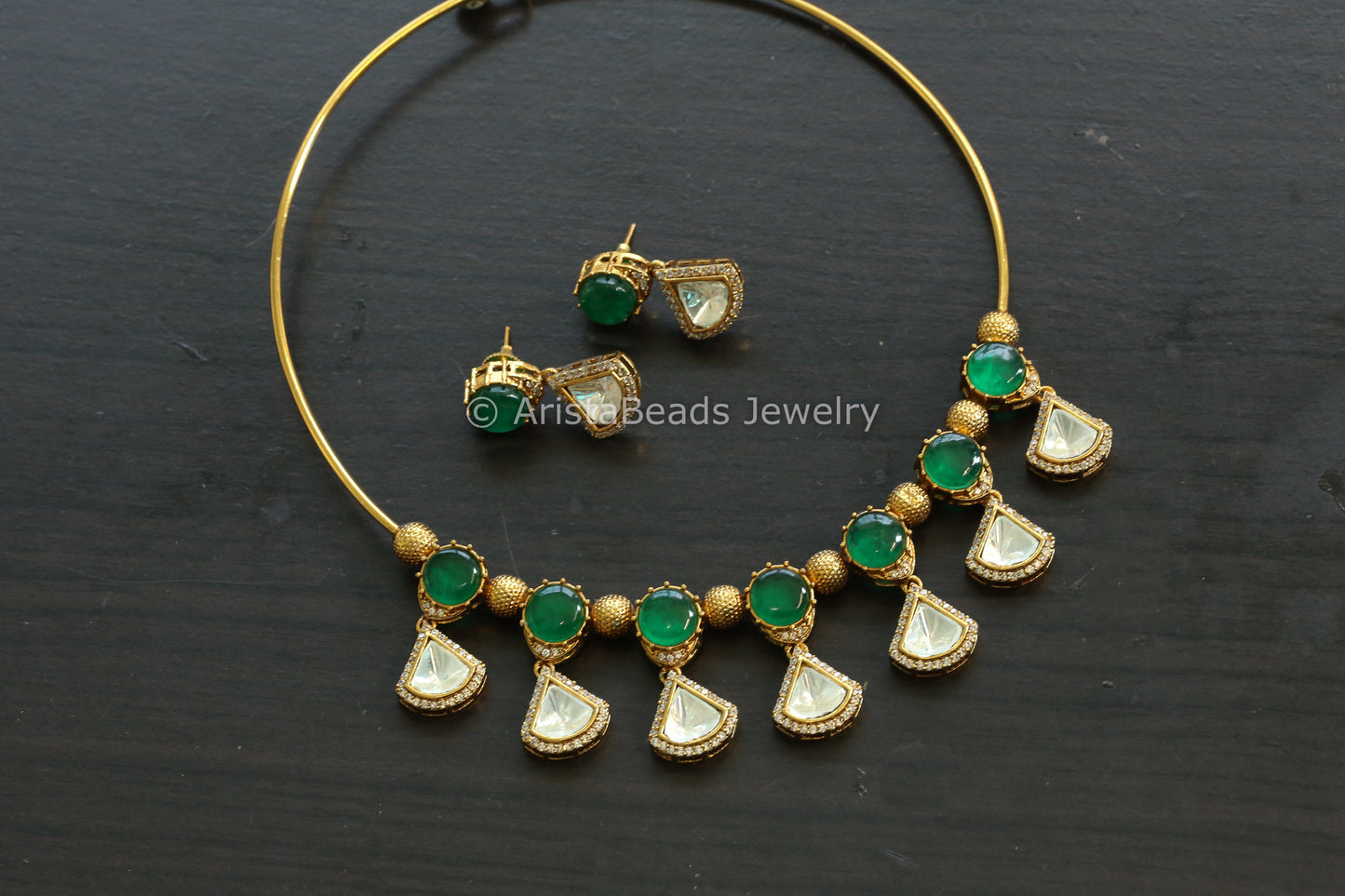 Emerald Pota Doublet Stone & Polki Hasli Set (102-23)