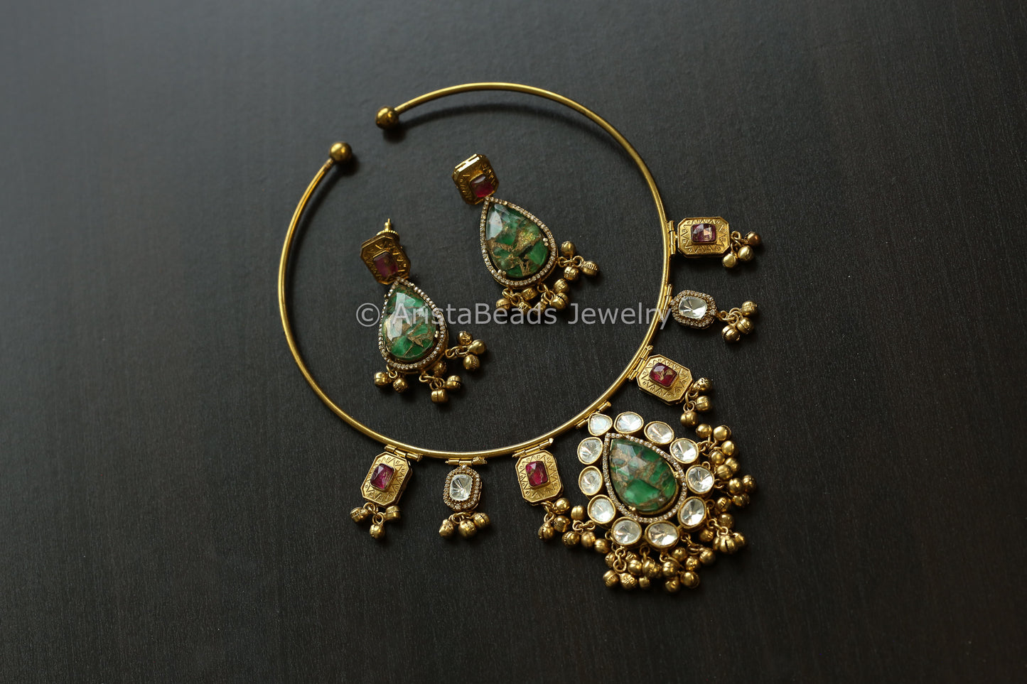 Premium Mosaic Doublet & Uncut Kundan Hasli Set (103-23)