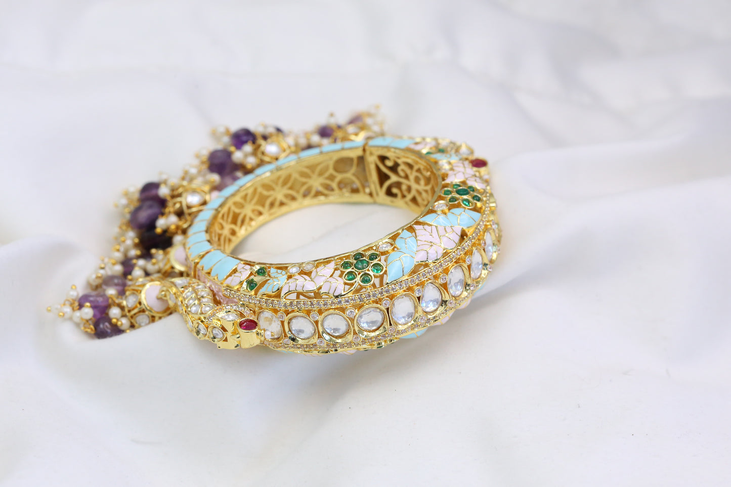 Uncut Kundan Enamel Jhumka Bangle - Blue (B101-19)