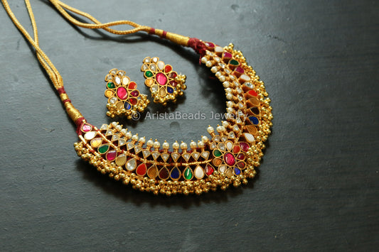 Handmade Navratana Jadau  Kundan Thusi Set