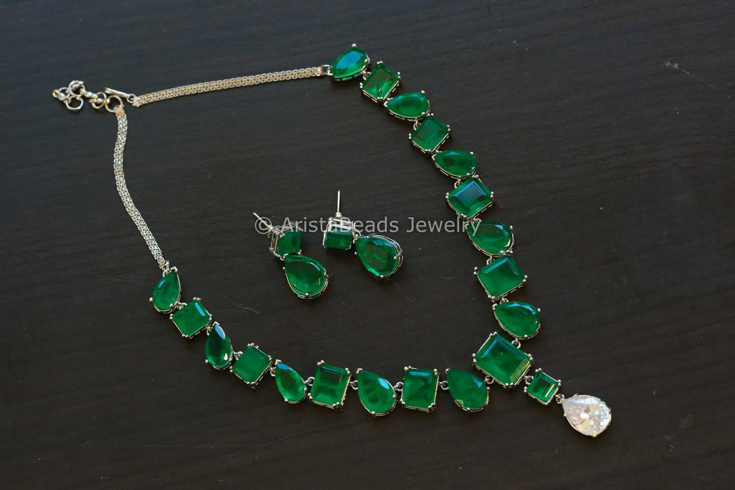 Silver Finish Green Doublet Necklace Set (103-37)