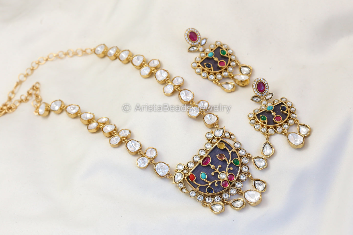 Premium Inlay Jadau Uncut Polki Kundan Set - Gray