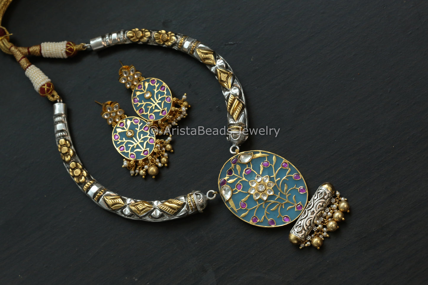 Silver Look Alike Inlay Kundan Hasli Set - Teal