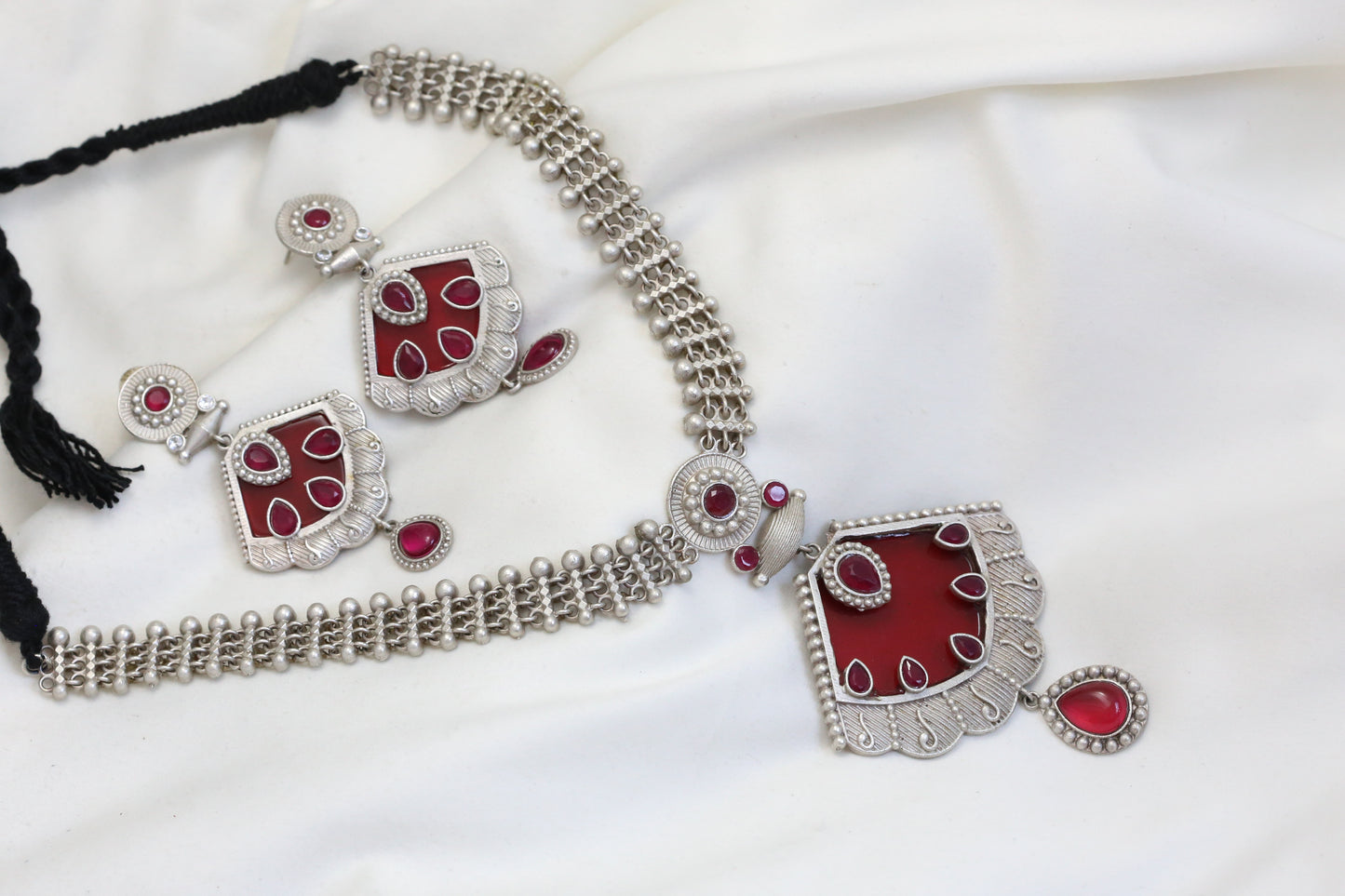 Silver Look Necklace Set - Red