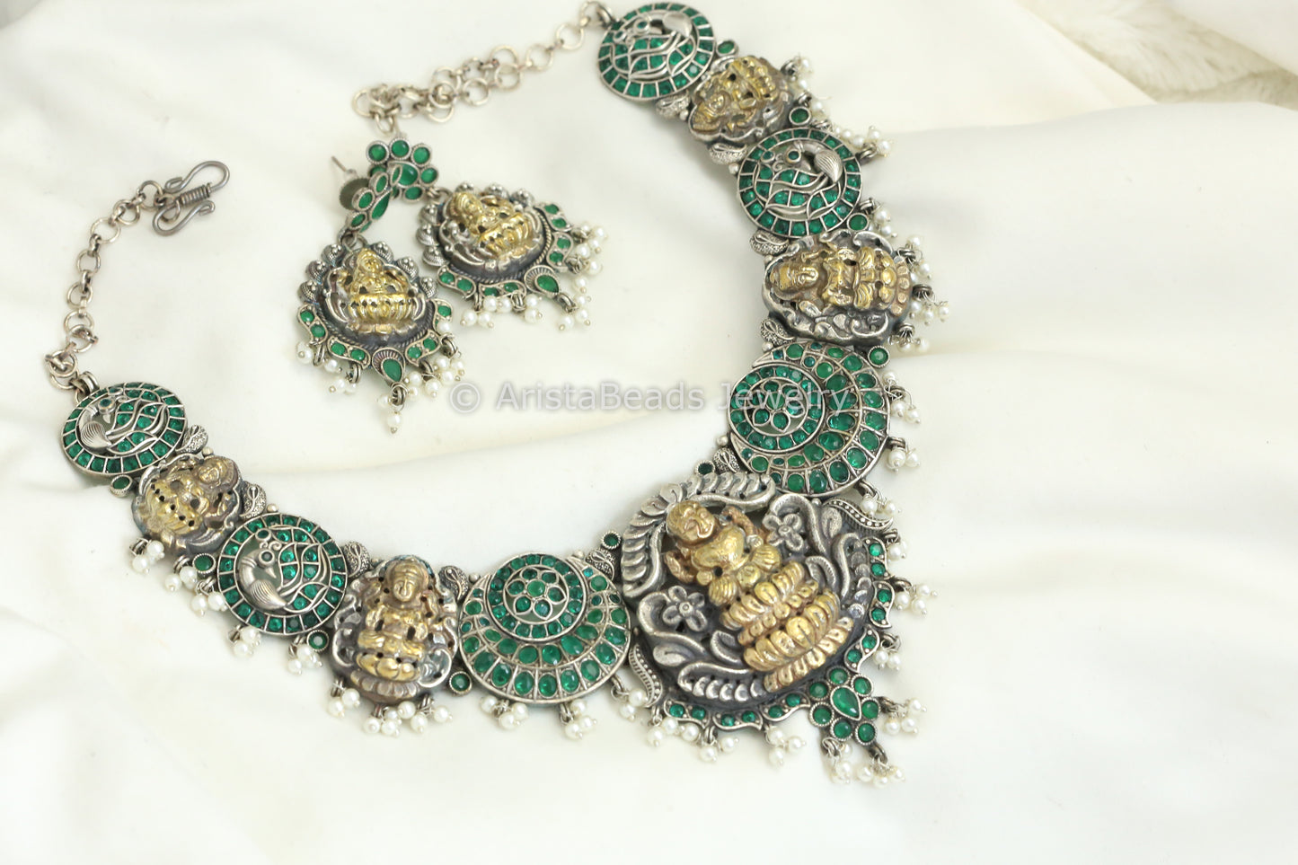 Temple Nakshi Necklace Set - Green