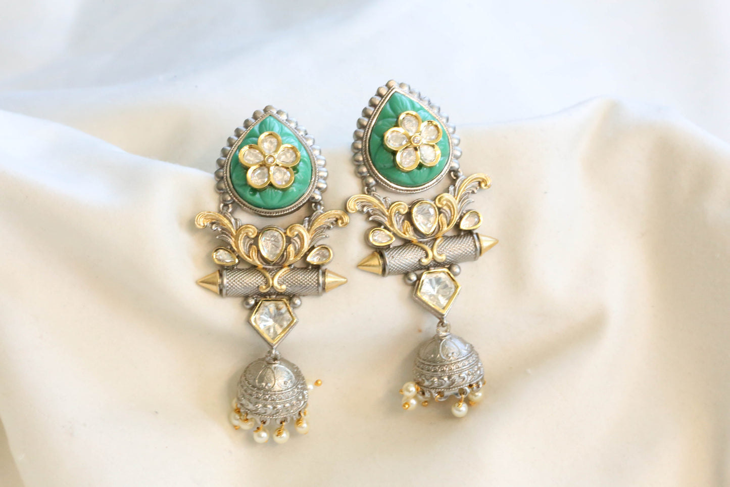 Rubab Dual Tone Carved Stone Jhumka - Blue (101-45)