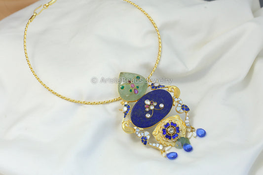 Handmade Jadau Kundan Hasli Necklace - Fluorite Lapis
