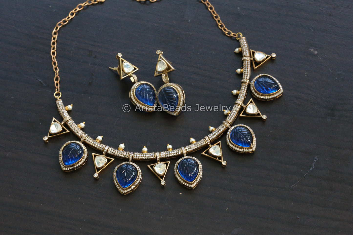 Carved Blue Doublet & Moissanite Polki Set (102-28)