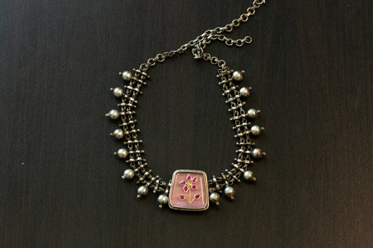 Kundan Inlay Silver Look Alike Fusion Necklace - Pink (T102-34)