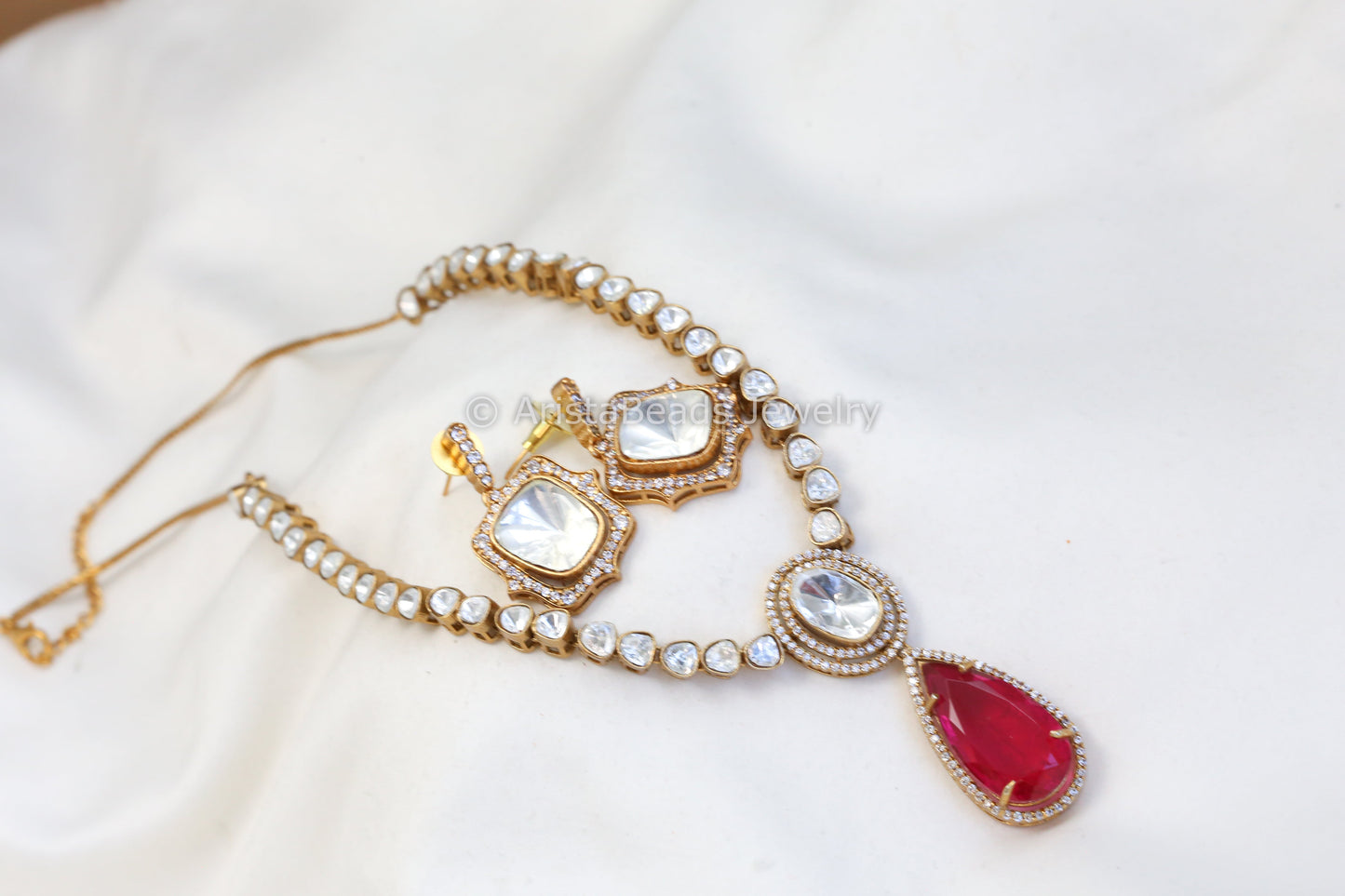 Uncut Kundan Polki Doublet Necklace Set - Red