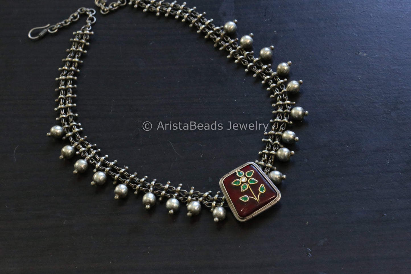 Kundan Inlay Silver Look Alike Fusion Necklace - Red