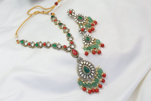 Green Coral Stones & Kundan Polki Necklace Set
