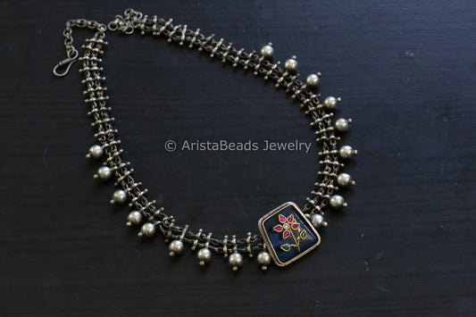 Kundan Inlay Silver Look Alike Fusion Necklace - Blue