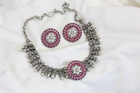 Kemp Kundan Oxidized Necklace Set - Ruby