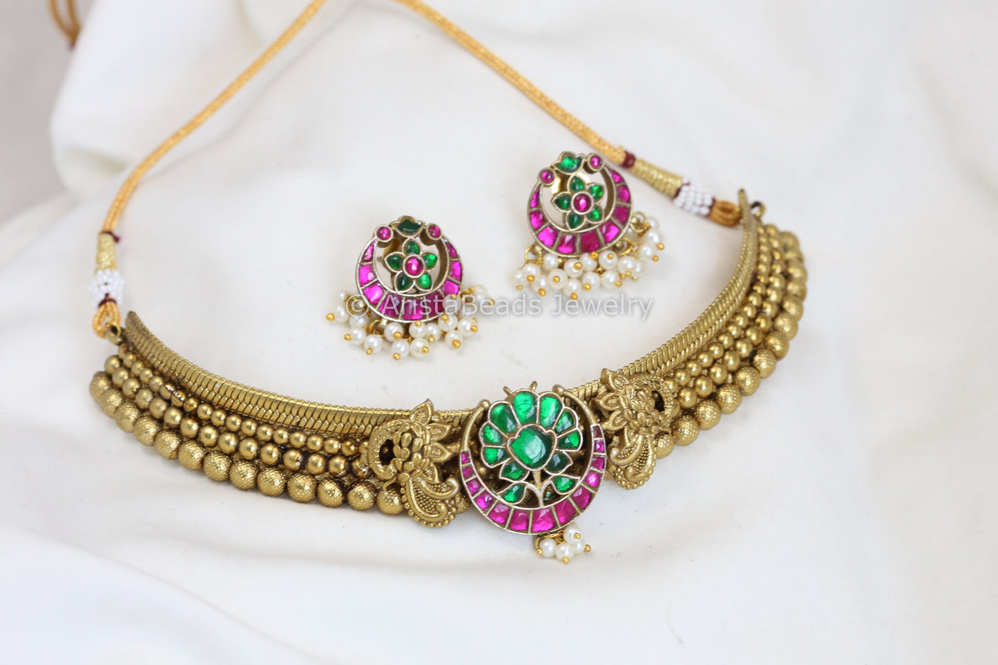 Jadau Thussi Necklace Set - Green Ruby