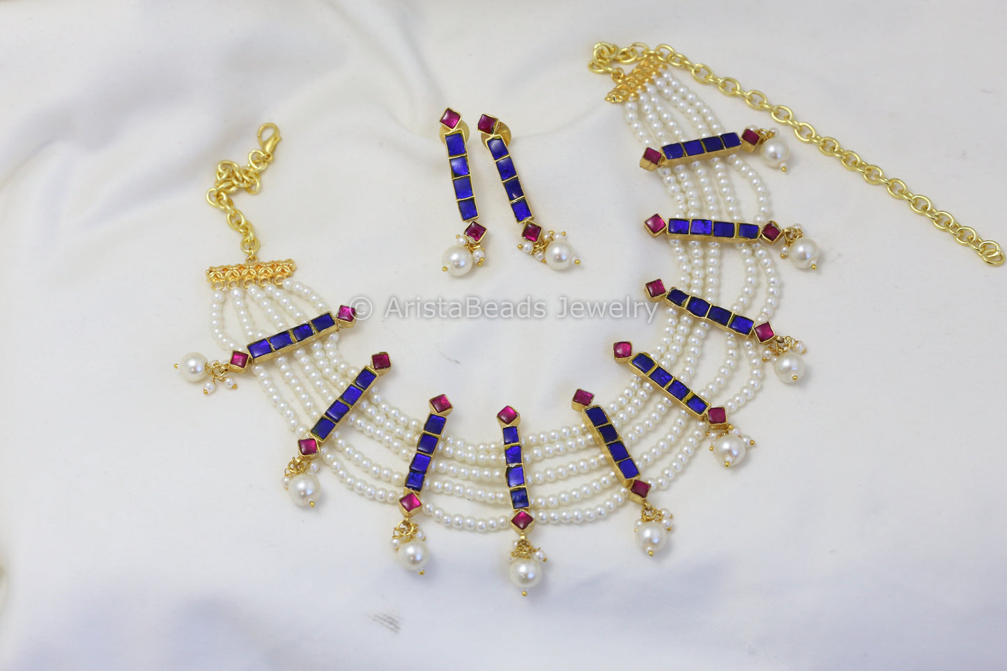 Kundan Jadau Pearl Necklace Set - Blue