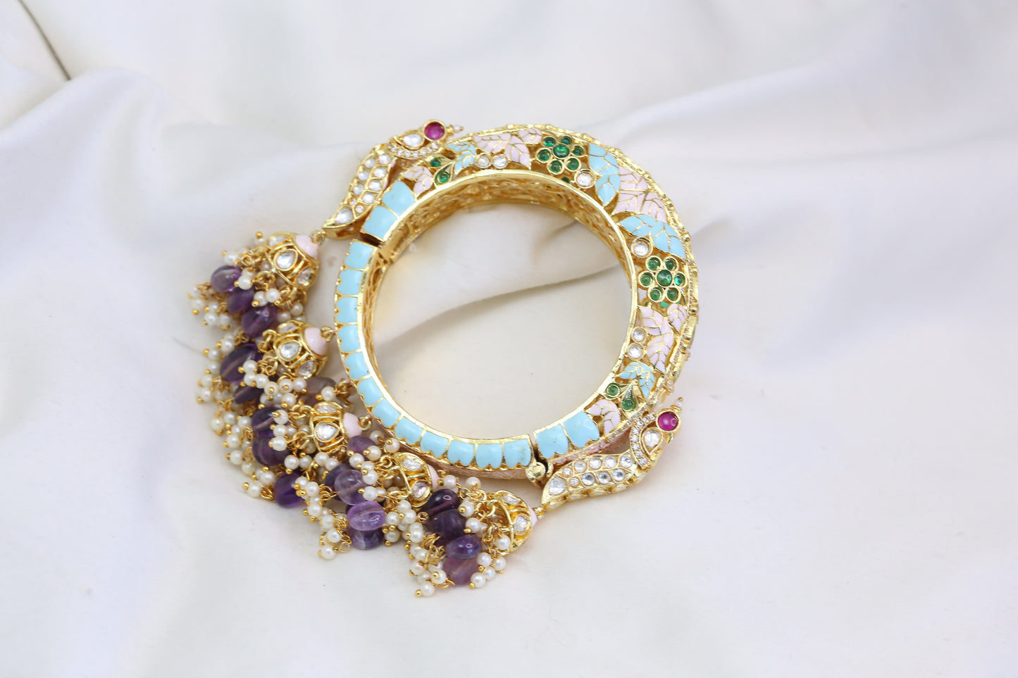 Uncut Kundan Enamel Jhumka Bangle - Blue (B101-19)