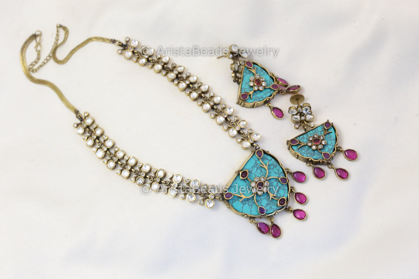 Victorian Finish Turquoise Polki Kundan Set