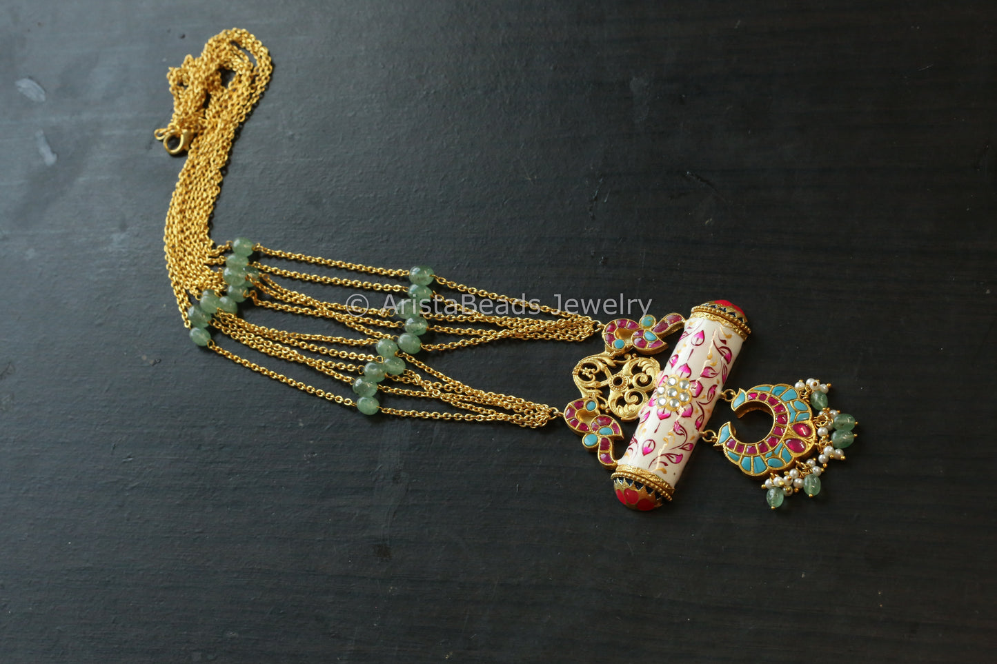 Jadau Kundan Meenakali Tabeez Necklace - Turquoise  & Ivory