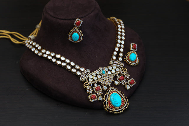 Victorian Moissanite Look Polki & Pota Doublet Set - Coral Turquoise