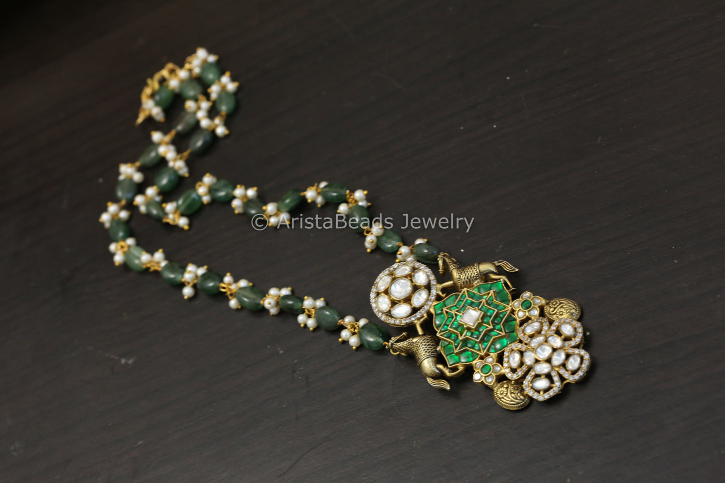 Fusion Jadau & Moissanite Necklace - Aventurine Beads