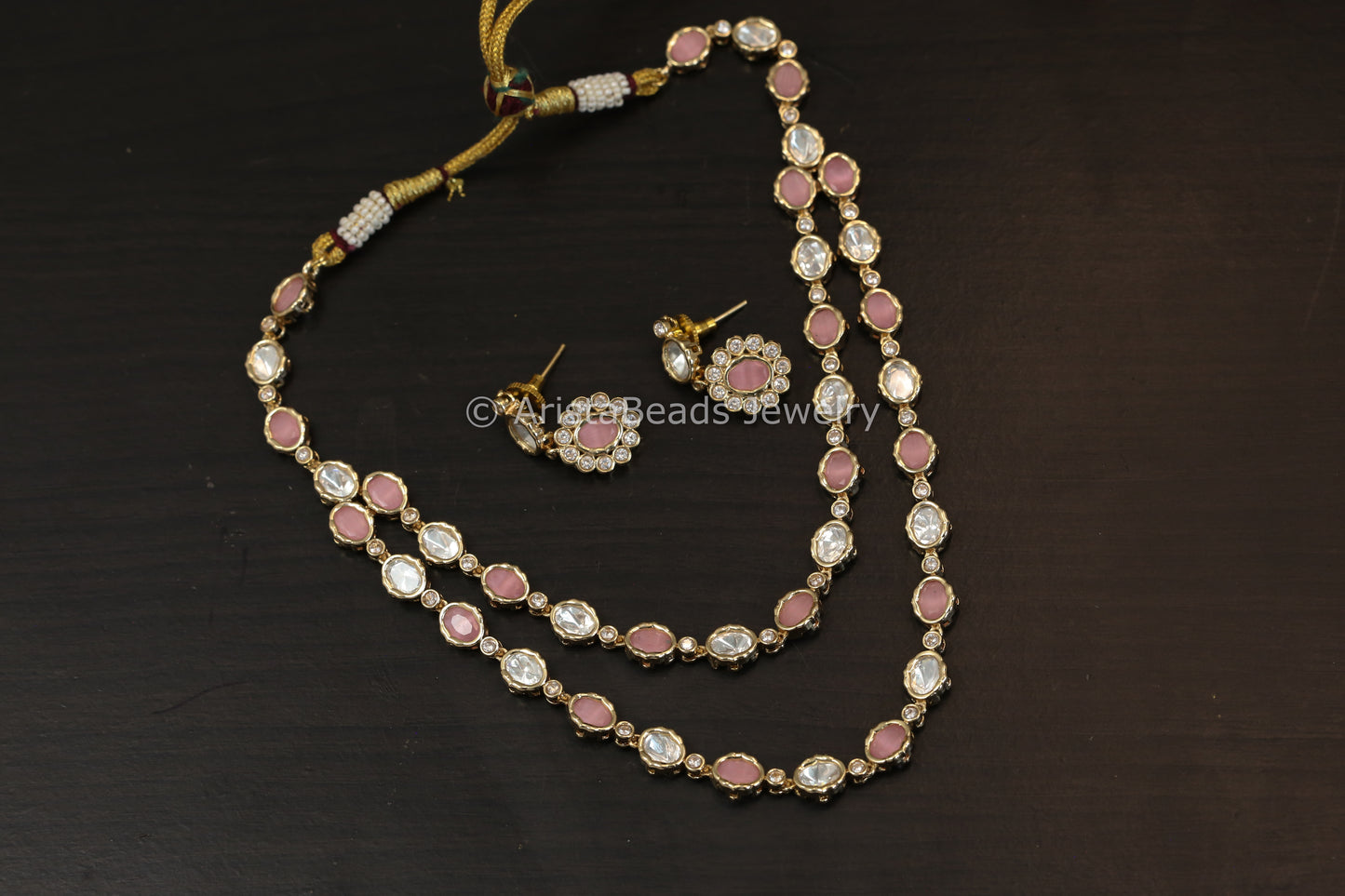 Dainty Layered Uncut Polki Necklace Set - Pink