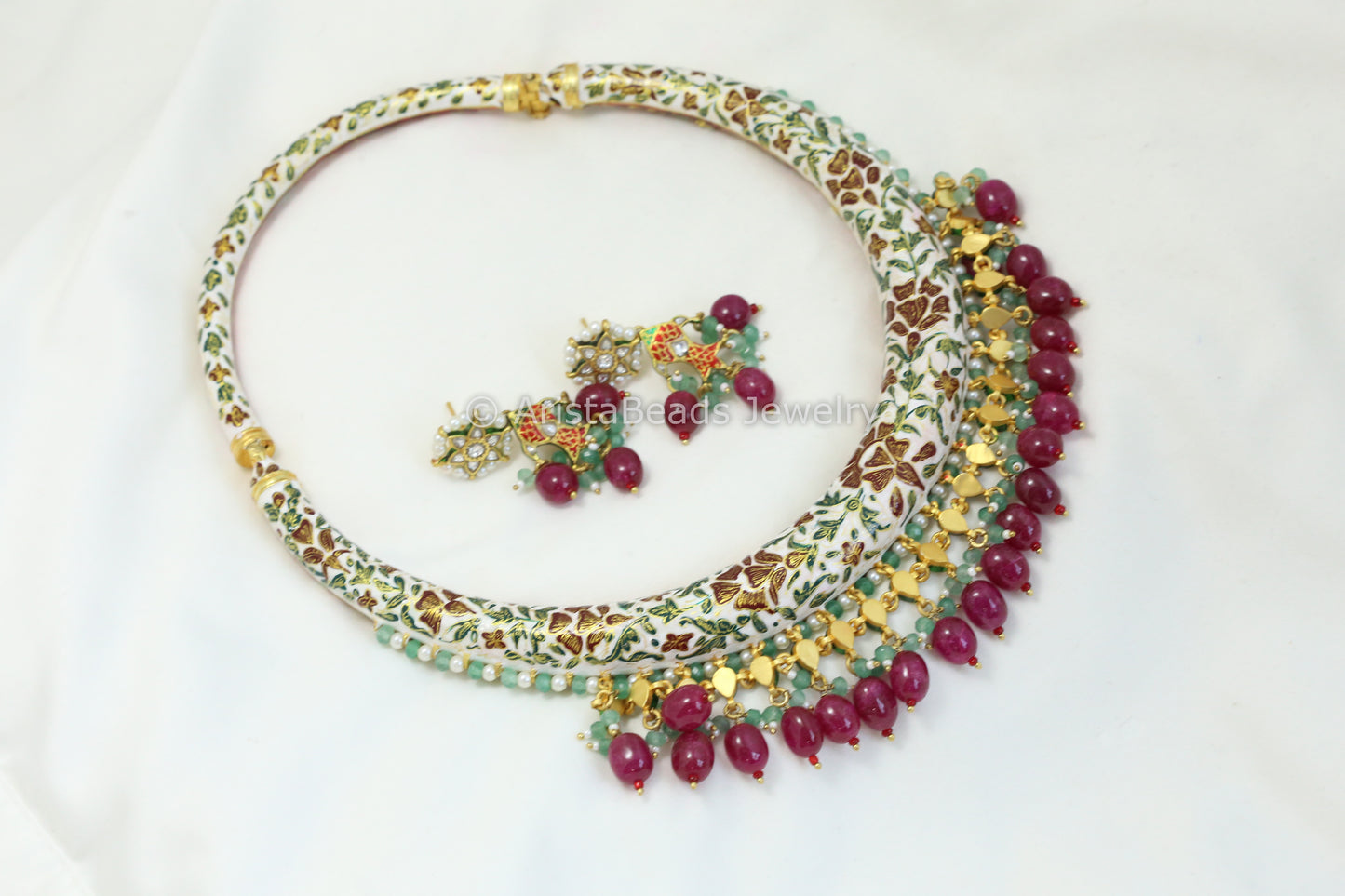 Handcrafted Rajwada Meenakari Kundan Hasli Set - Red