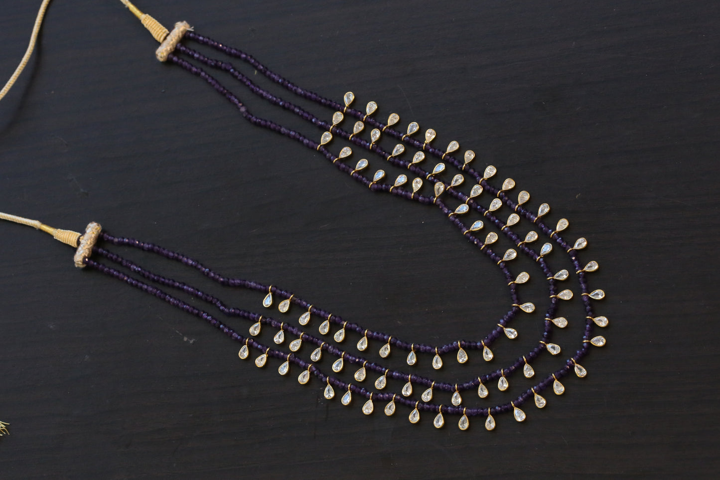 3 Strand CZ Polki & Semiprecious Beaded Necklace - Purple