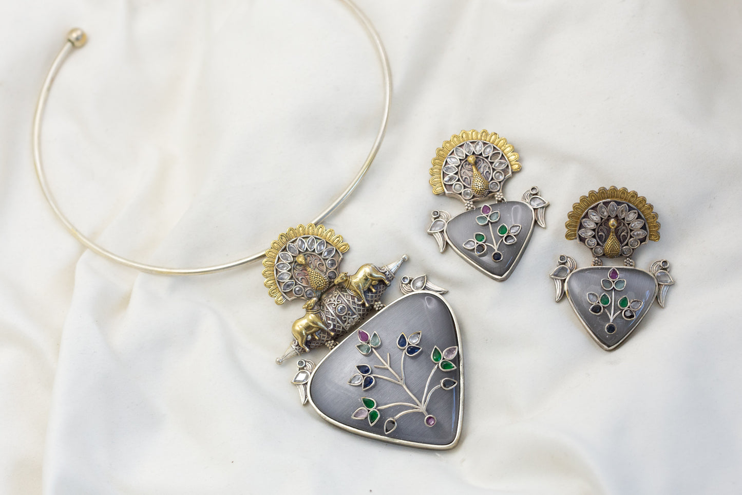 Oxidized 2 Tone Fusion Gray Stone Necklace (T102-41)