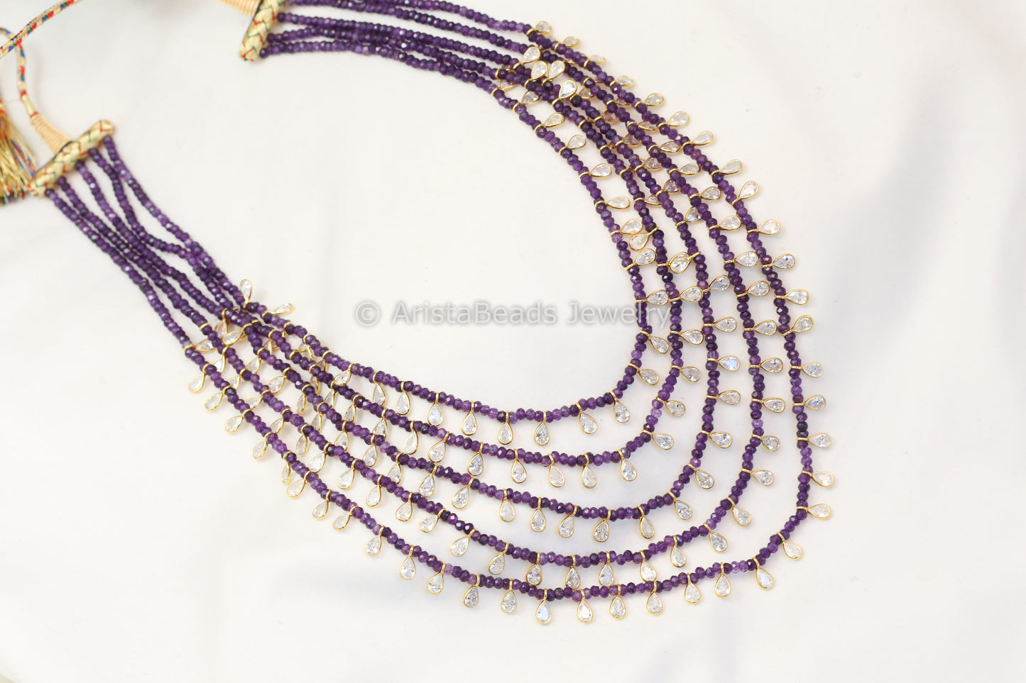 5 Strand CZ Polki & Semiprecious Beaded Necklace - Purple