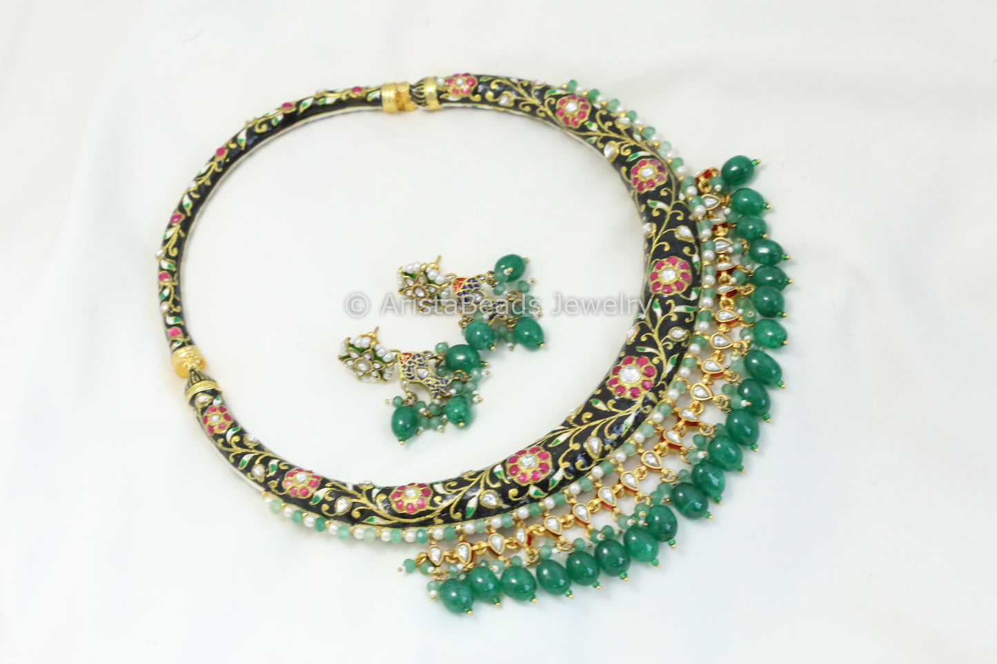 Handcrafted Rajwada Meenakari Kundan Hasli Set - Black