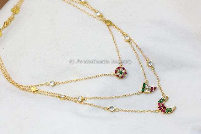 Aditi 3 Layer Jadau Chain Necklace - Red Green