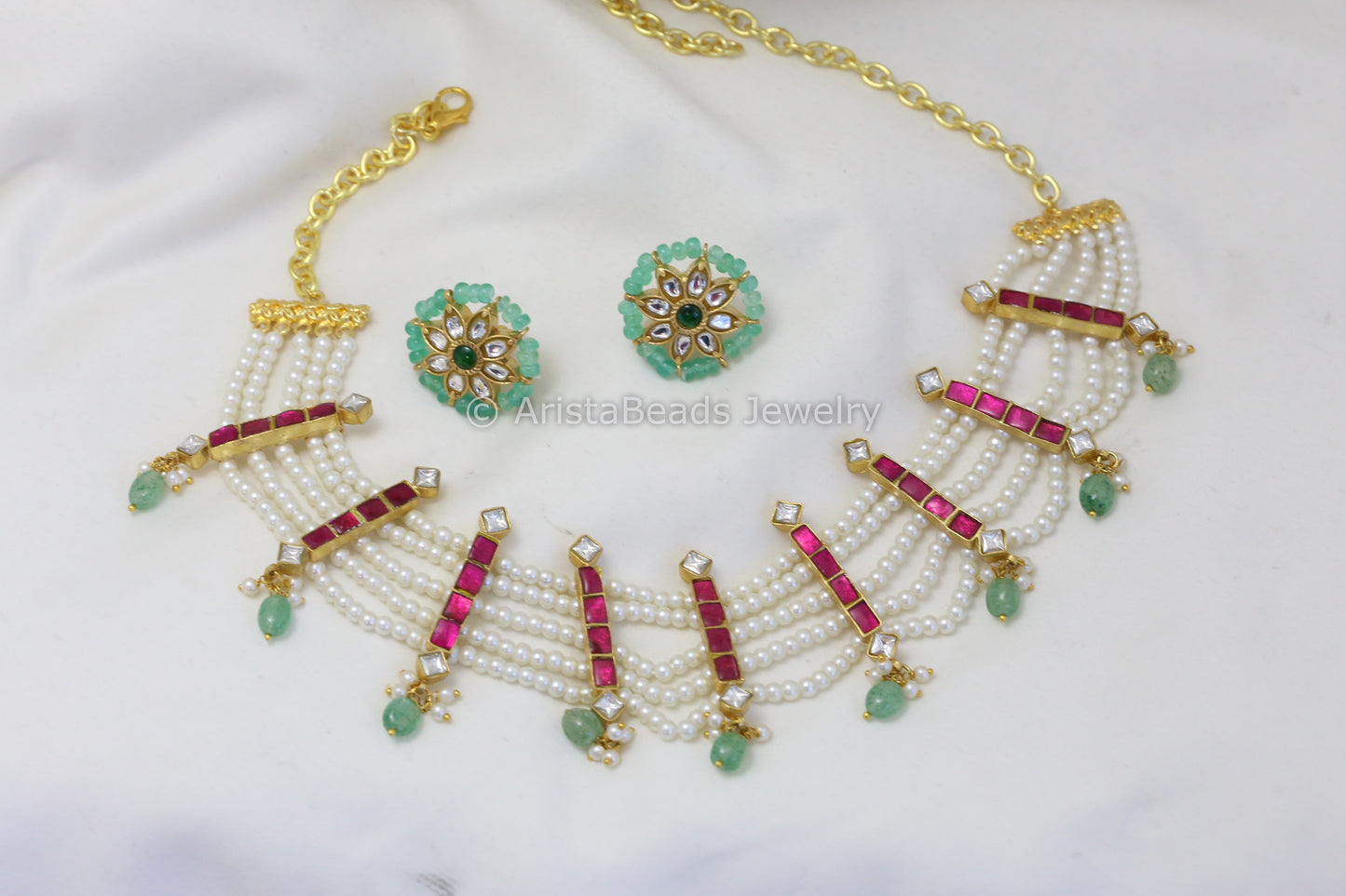 Kundan Jadau Pearl Necklace Set - Ruby Green