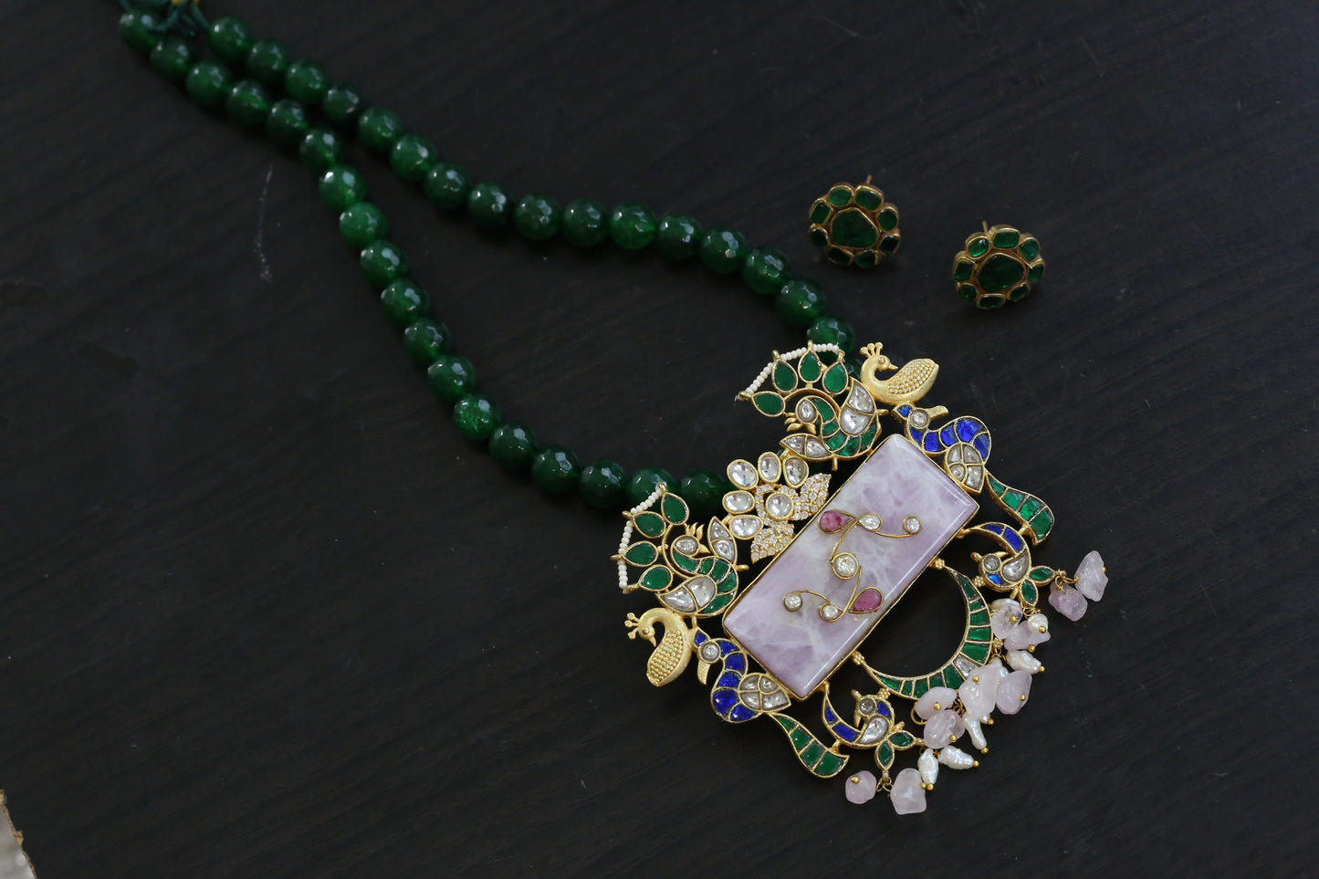 Green Blue Jadau Fusion Necklace Set