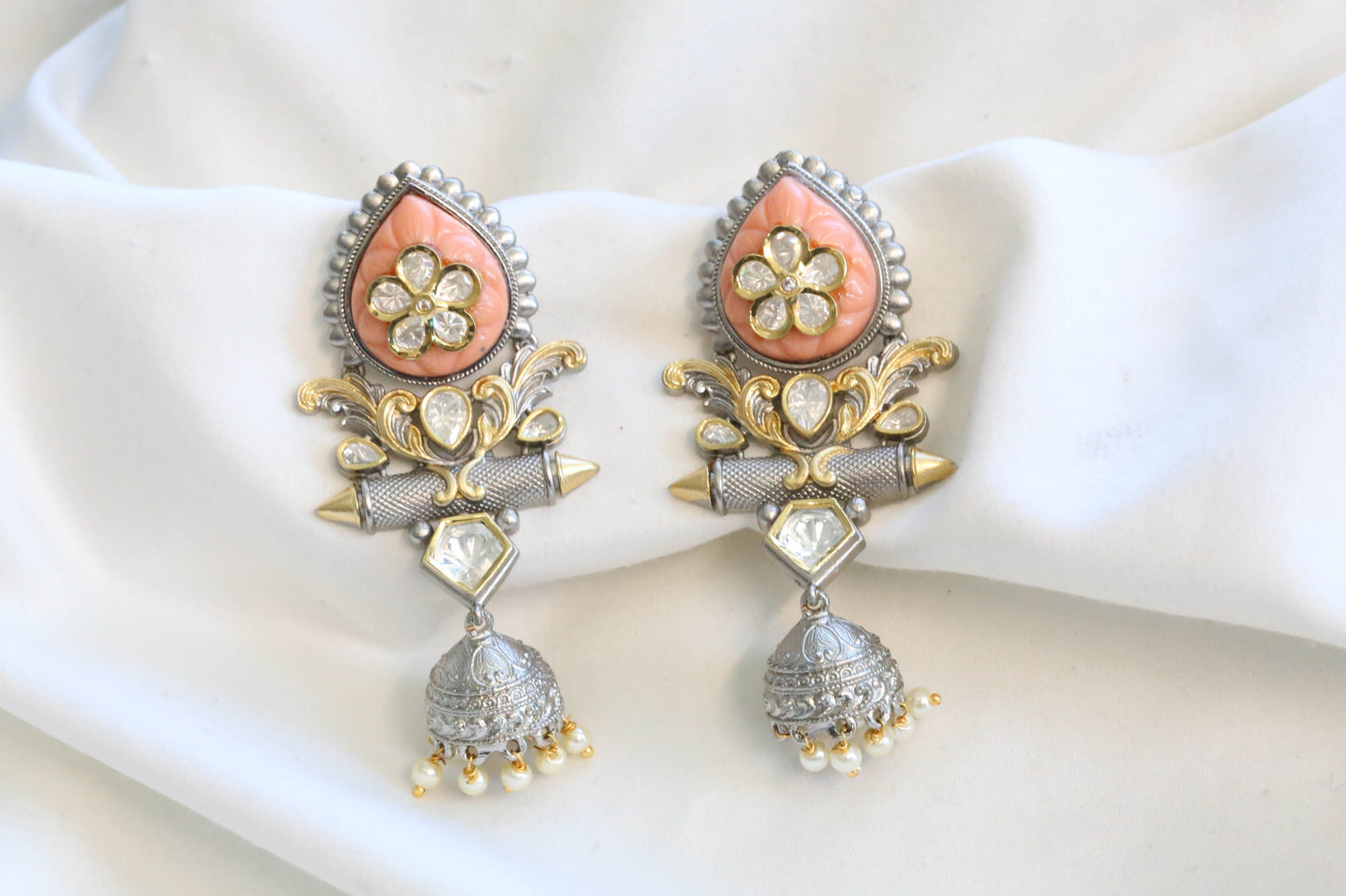 Rubab Dual Tone Carved Stone Jhumka -Coral (101-46)