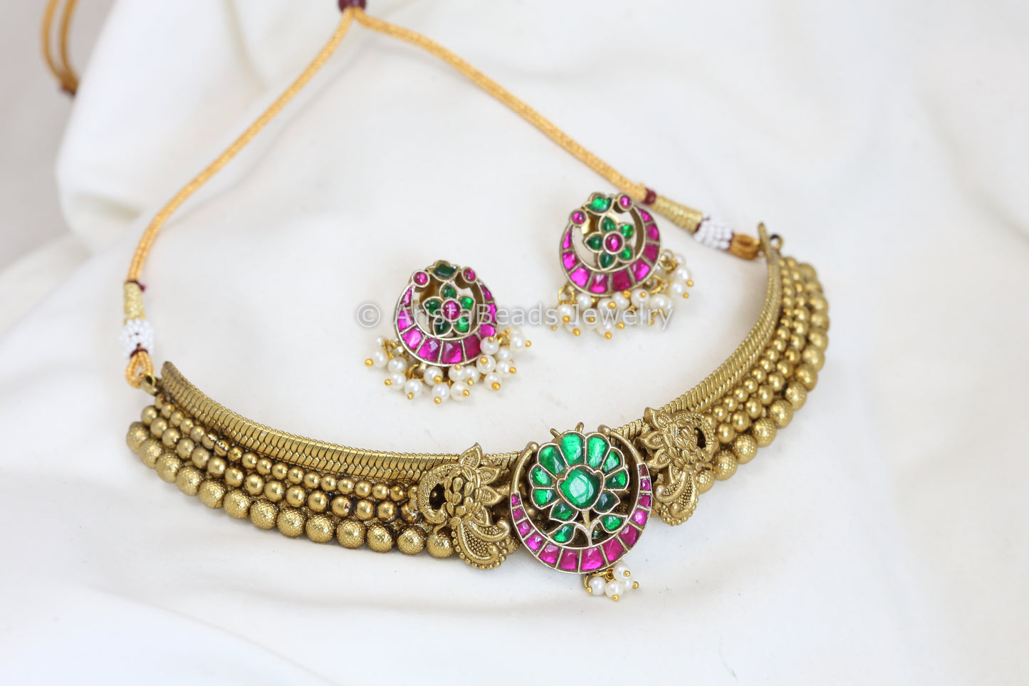Jadau Thussi Necklace Set - Green Ruby