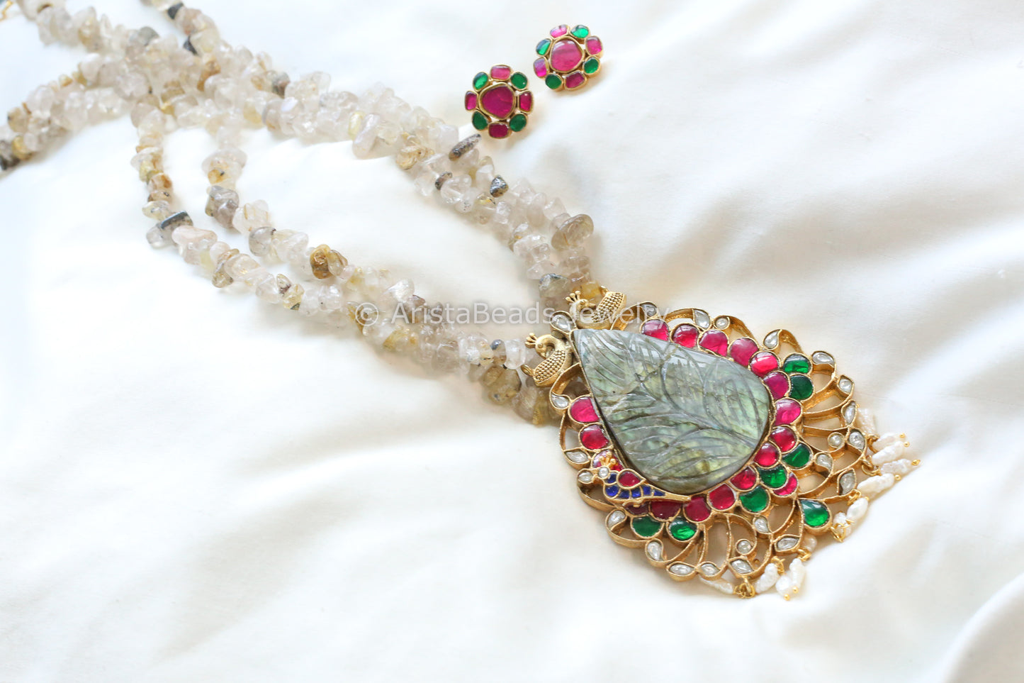 Sunehri Carved Labradorite & Kundan Necklace (102-12)